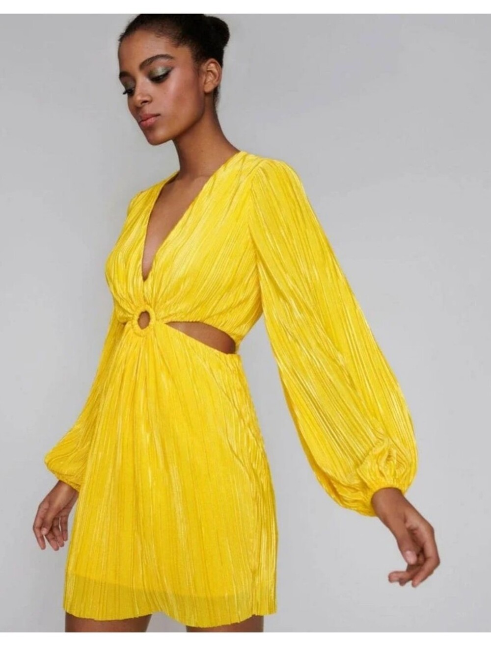 Ronny Kobo Nira Plissé Cutout Sleeve Plunge Vintage Style Boho Mini Dress Yellow